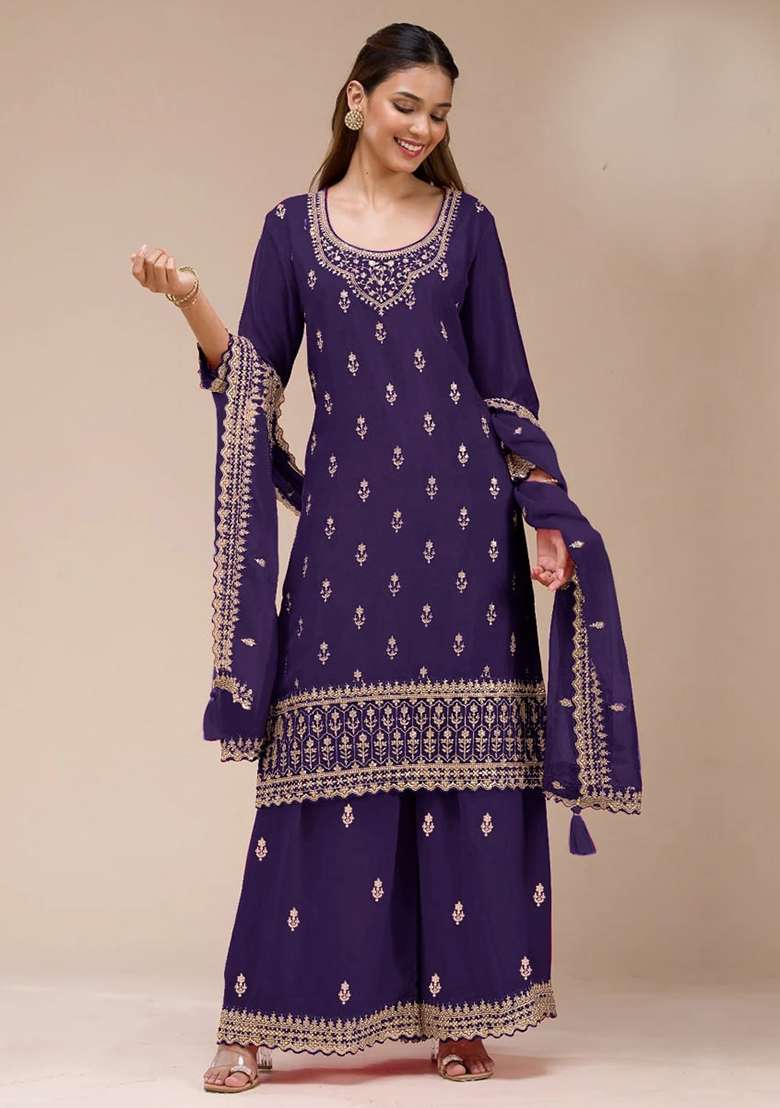 Purple Embroidery Silk Palazzo Set - Indya