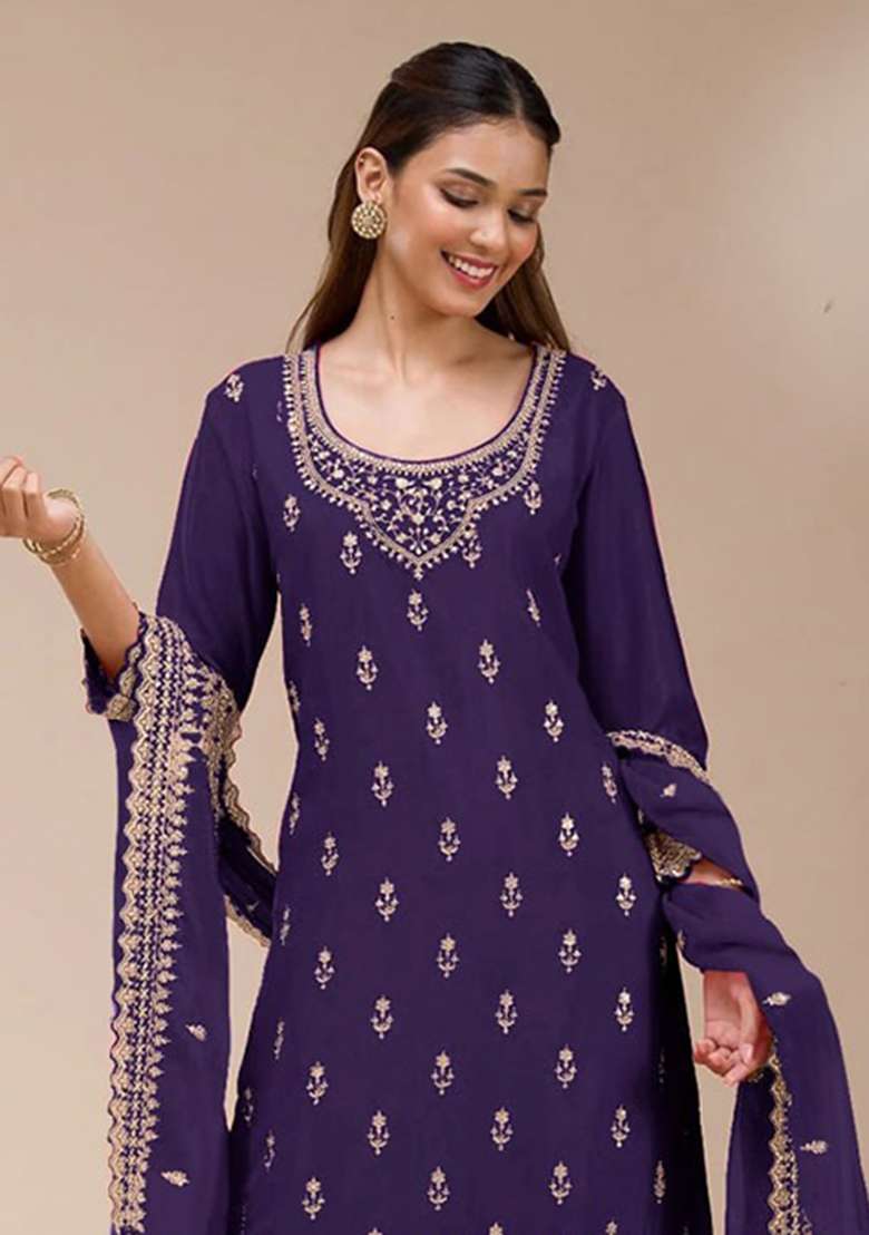 Purple Embroidery Silk Palazzo Set - Indya