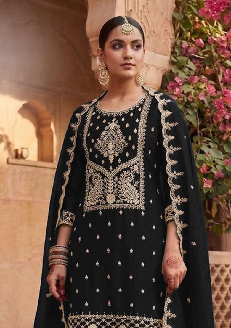 Black Embroidery Silk Palazzo Set - Indya