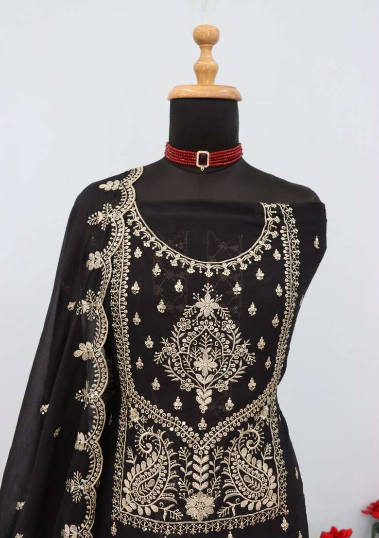 Black Embroidery Silk Palazzo Set - Indya