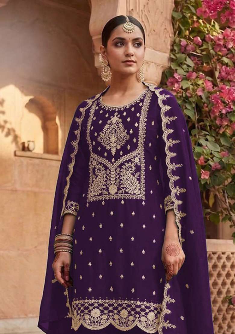 Purple Embroidery Silk Palazzo Set - Indya