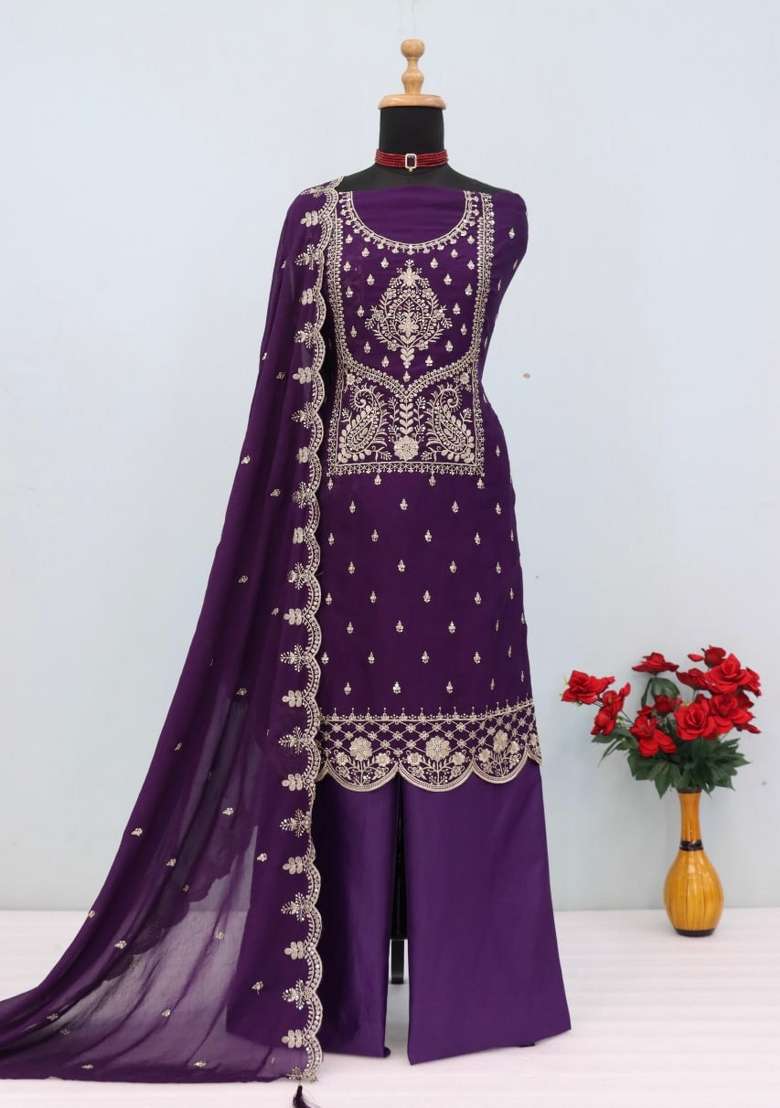 Purple Embroidery Silk Palazzo Set - Indya