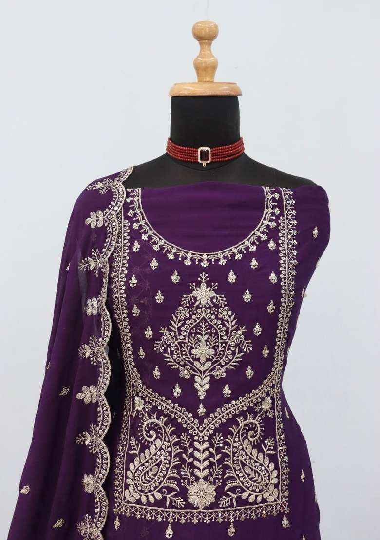 Purple Embroidery Silk Palazzo Set - Indya