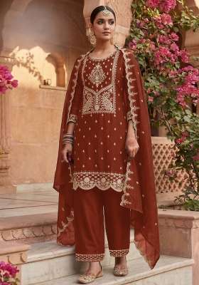 Rust Embroidery Silk Palazzo Set