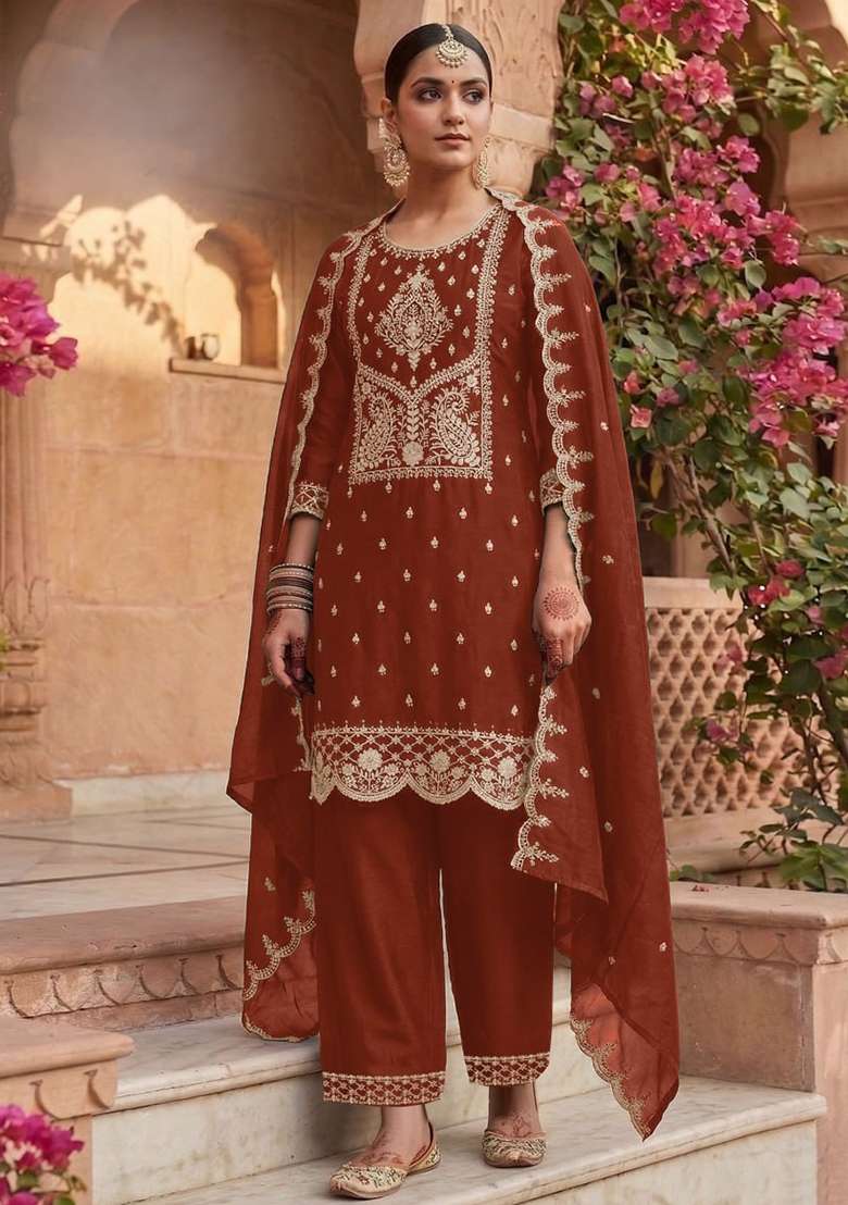 Rust Embroidery Silk Palazzo Set - Indya