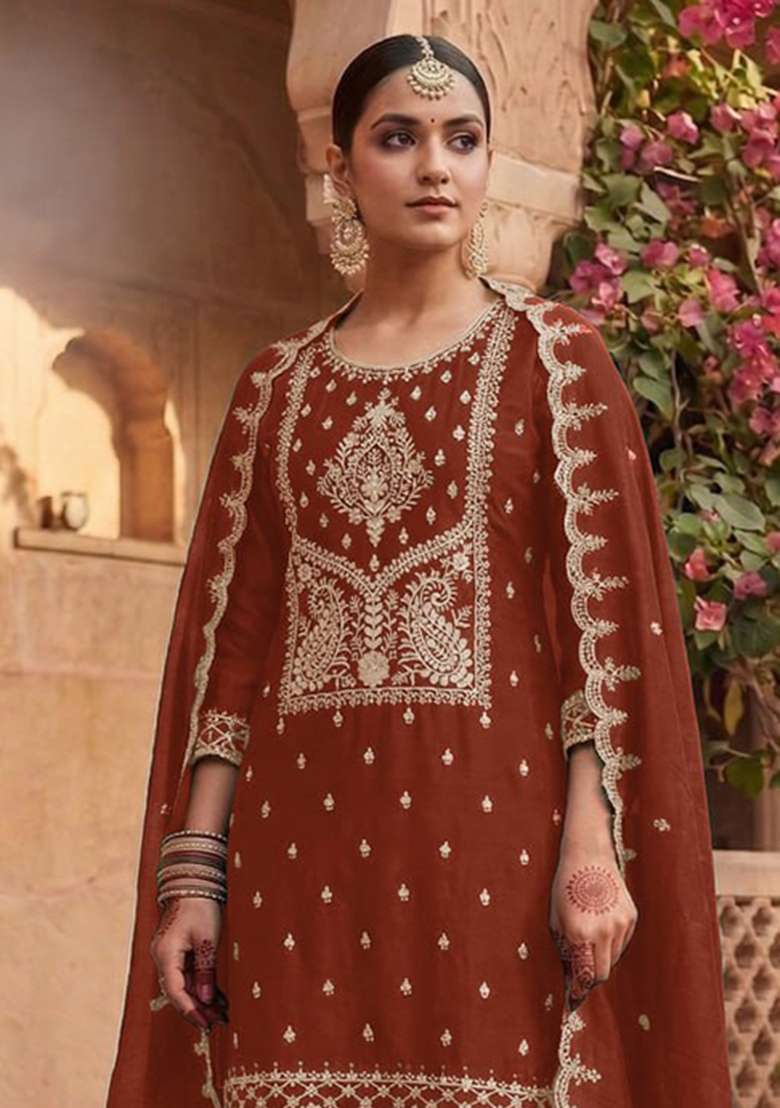 Rust Embroidery Silk Palazzo Set - Indya