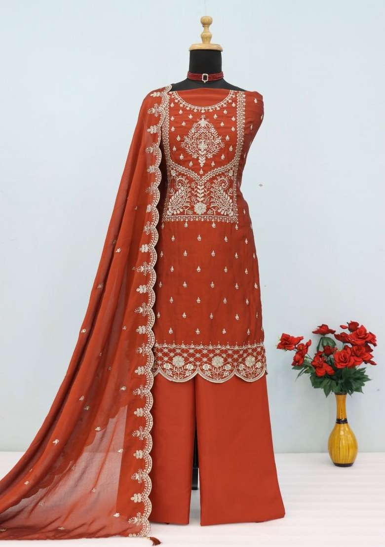 Rust Embroidery Silk Palazzo Set - Indya