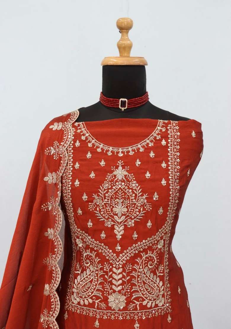Rust Embroidery Silk Palazzo Set - Indya