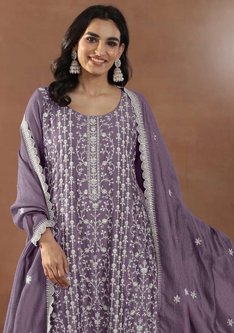 Lavender Embroidery Silk Palazzo Set - Indya