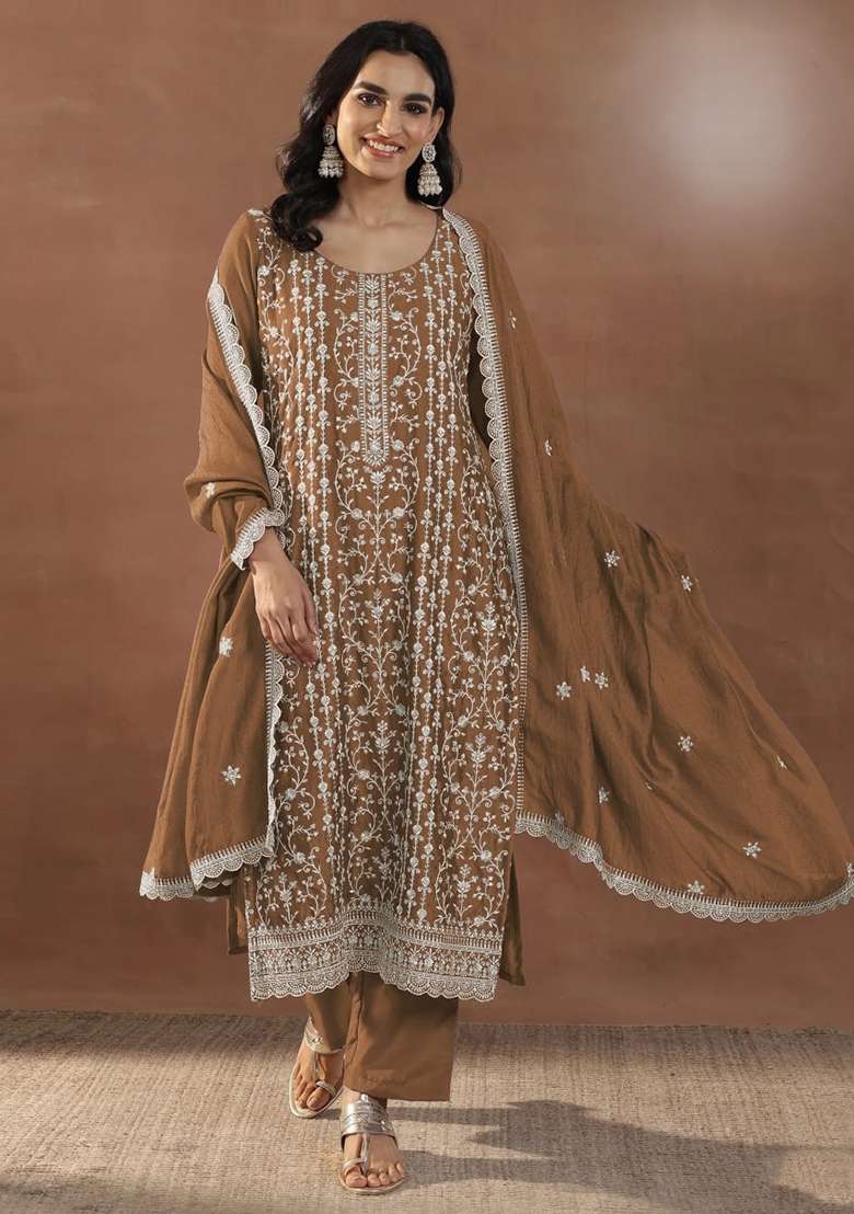 Mustard Embroidery Silk Palazzo Set - Indya