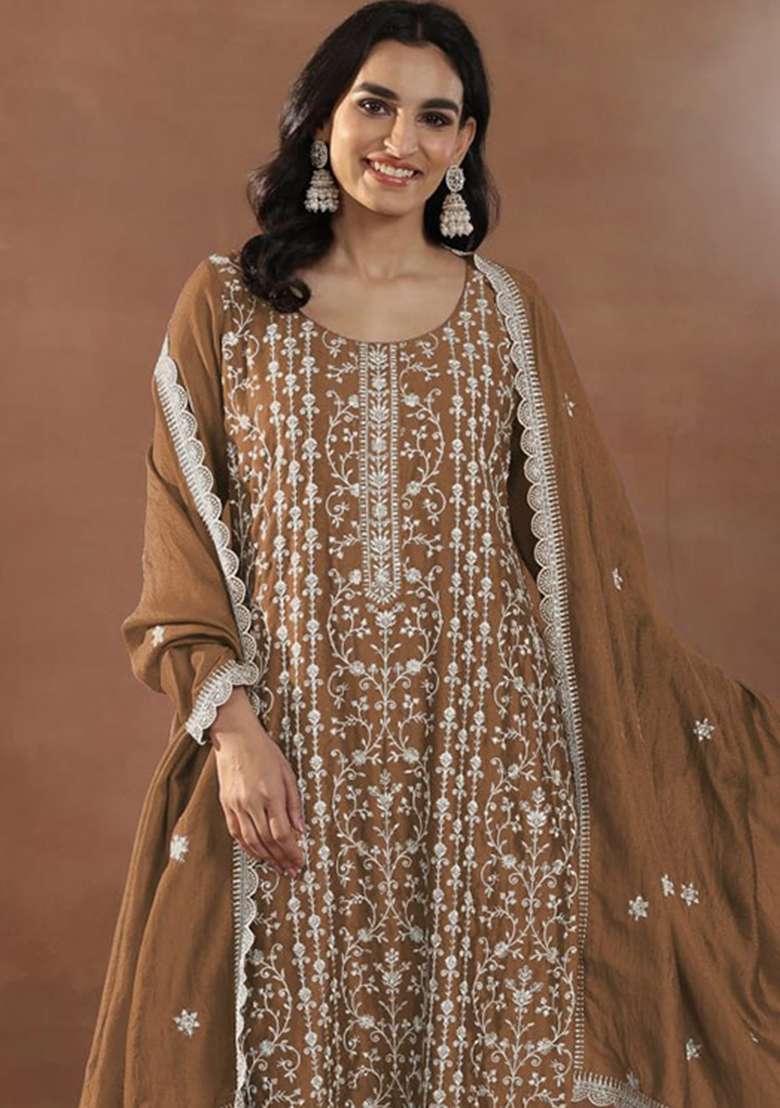 Mustard Embroidery Silk Palazzo Set - Indya