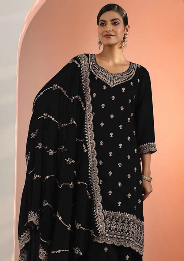 Black Embroidery Silk Palazzo Set - Indya