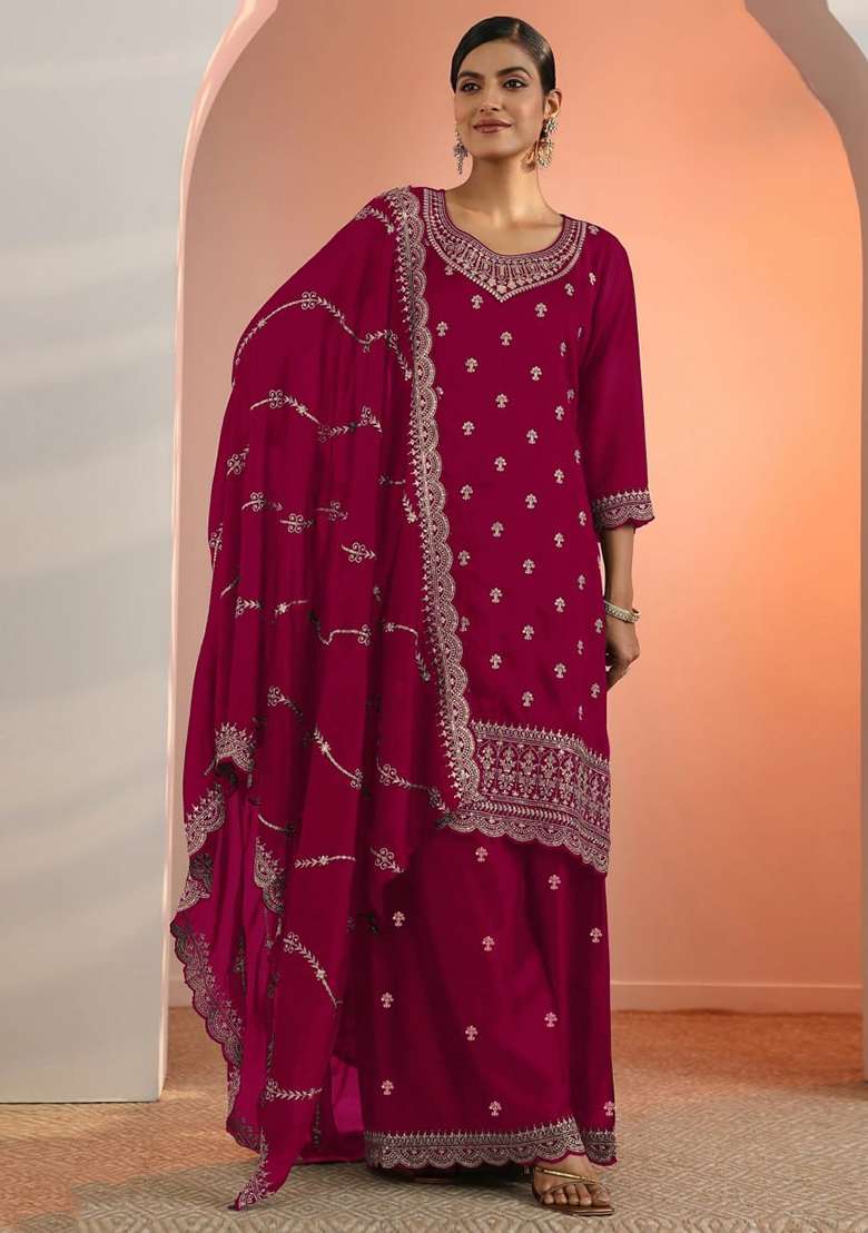 Pink Embroidery Silk Palazzo Set - Indya