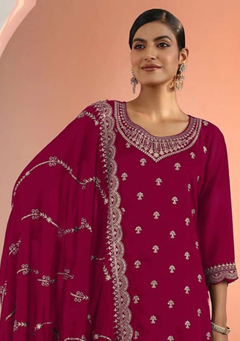 Pink Embroidery Silk Palazzo Set - Indya