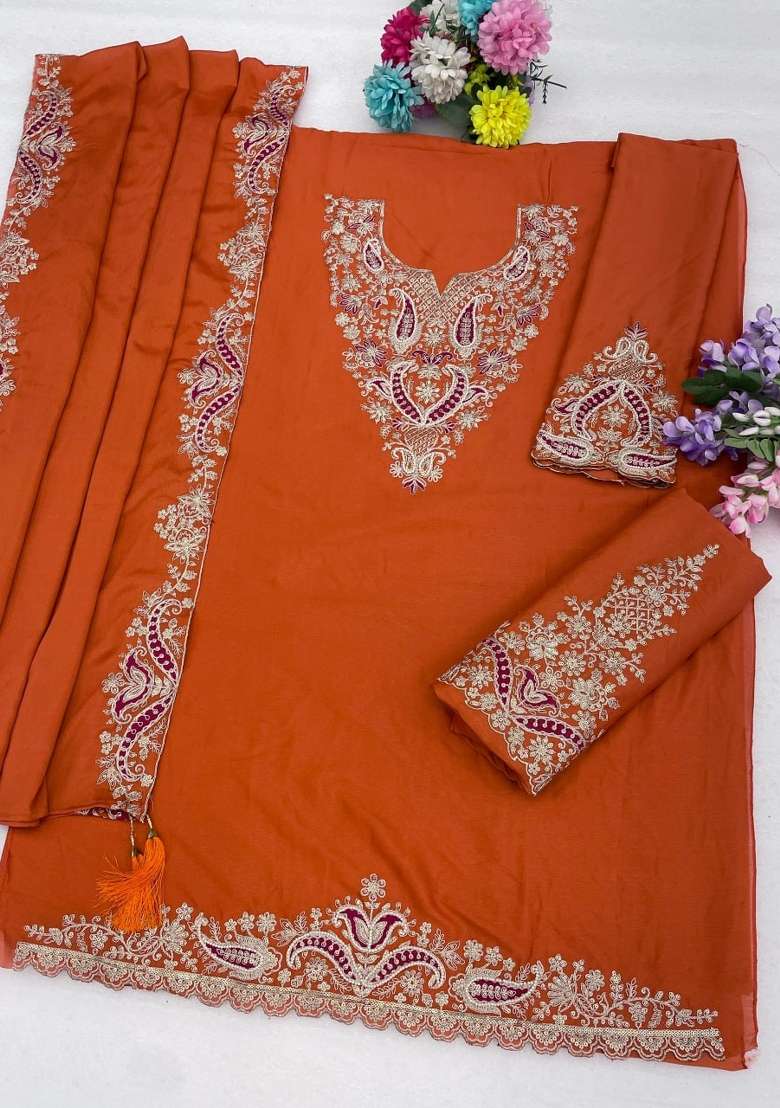 Orange Embroidery Silk Palazzo Set - Indya
