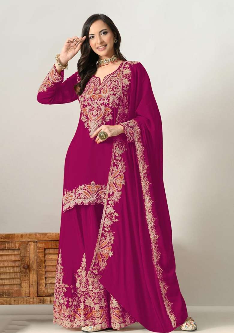 Pink Embroidery Silk Palazzo Set - Indya