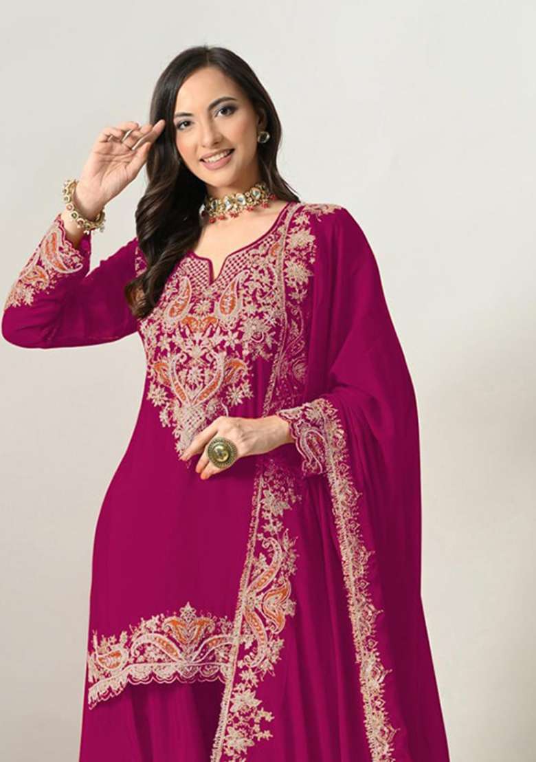 Pink Embroidery Silk Palazzo Set - Indya