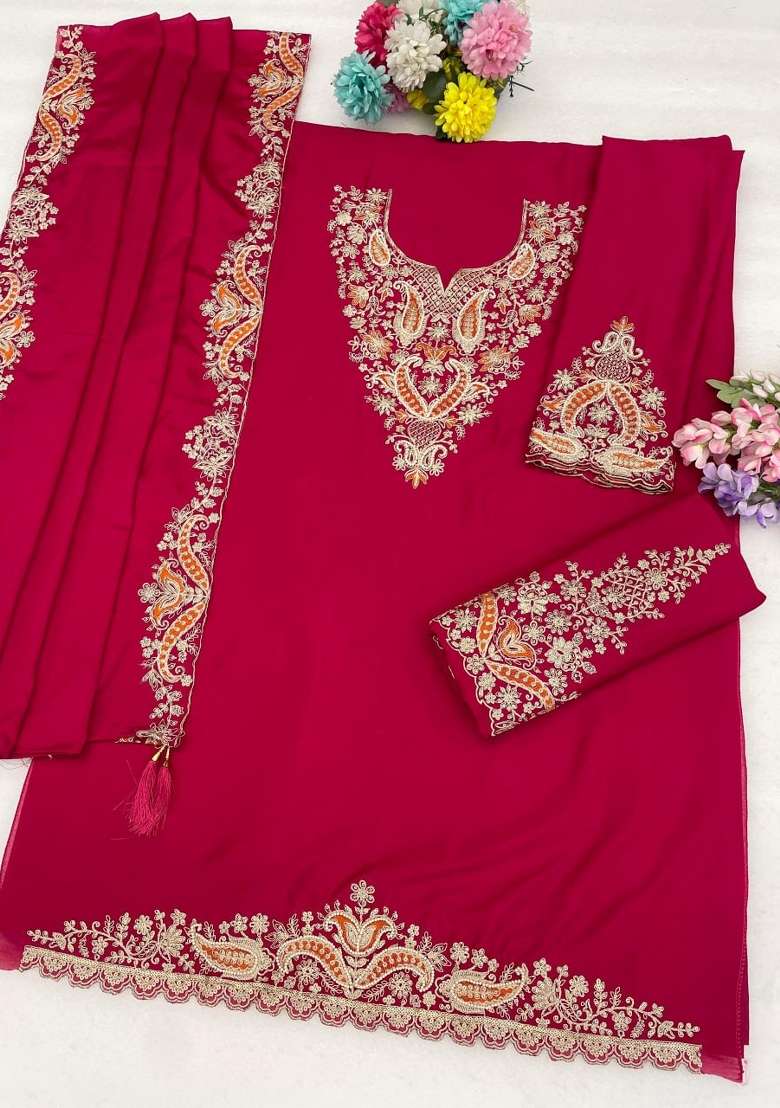 Pink Embroidery Silk Palazzo Set - Indya