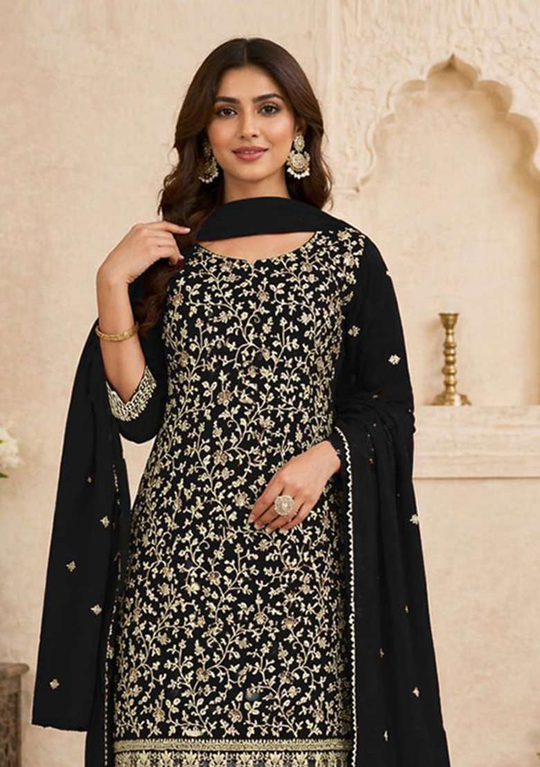 Black Embroidery Silk Palazzo Set - Indya