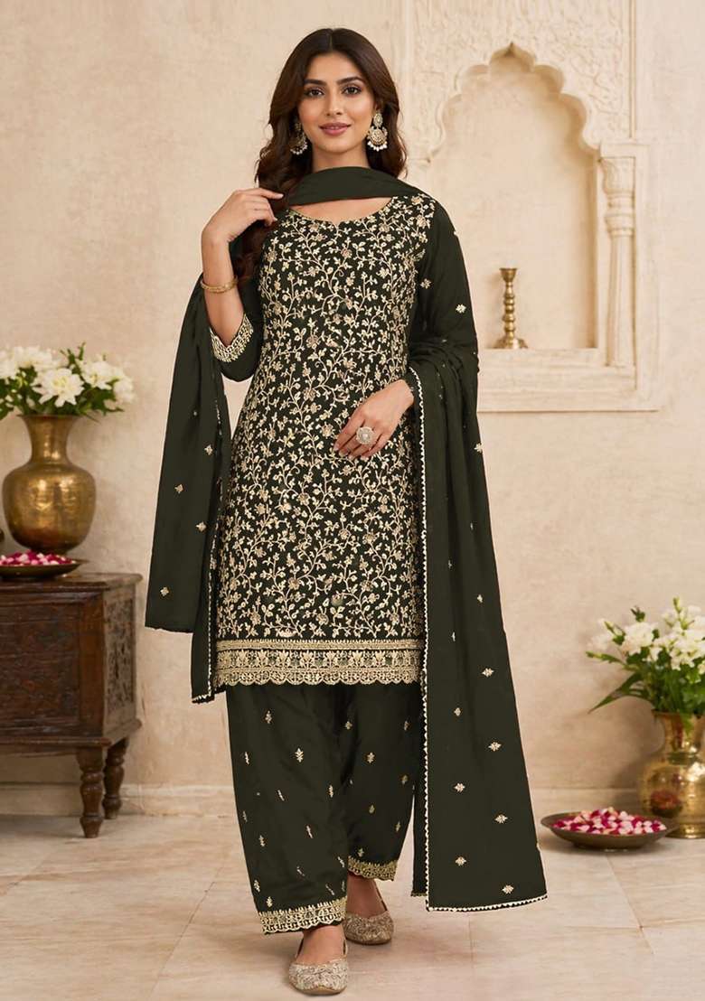 Mehendi Embroidery Silk Palazzo Set - Indya
