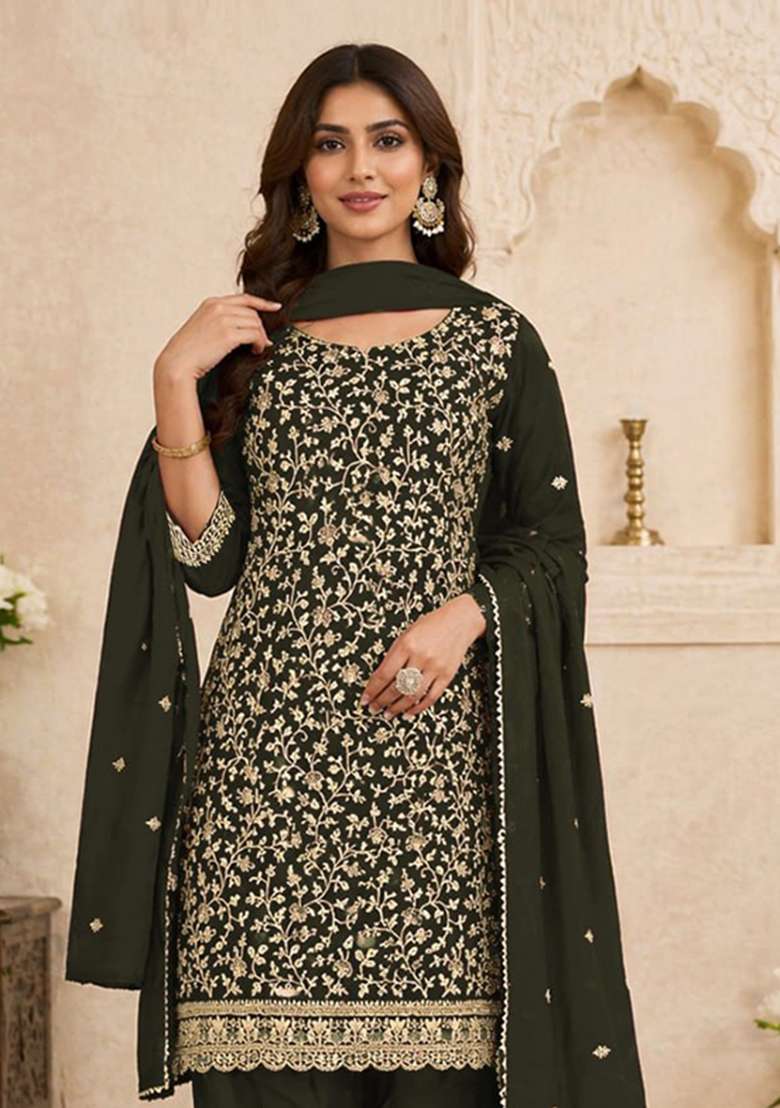 Mehendi Embroidery Silk Palazzo Set - Indya