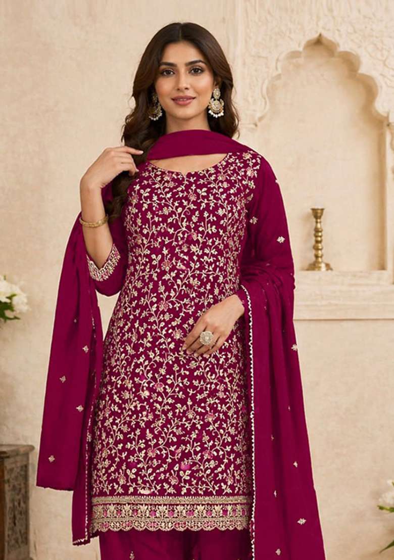 Pink Embroidery Silk Palazzo Set - Indya