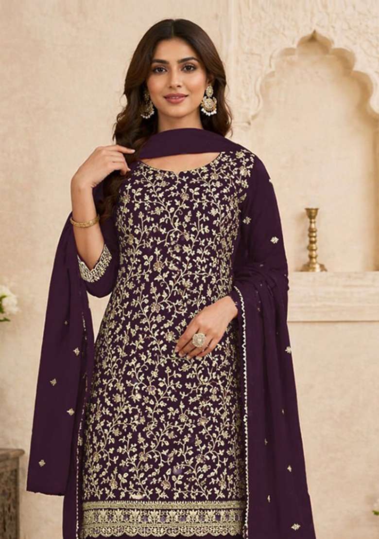 Wine Embroidery Silk Palazzo Set - Indya