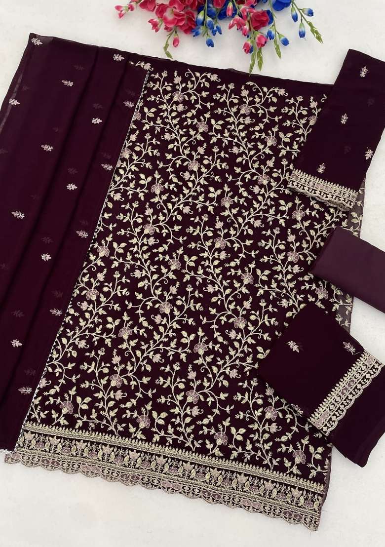 Wine Embroidery Silk Palazzo Set - Indya