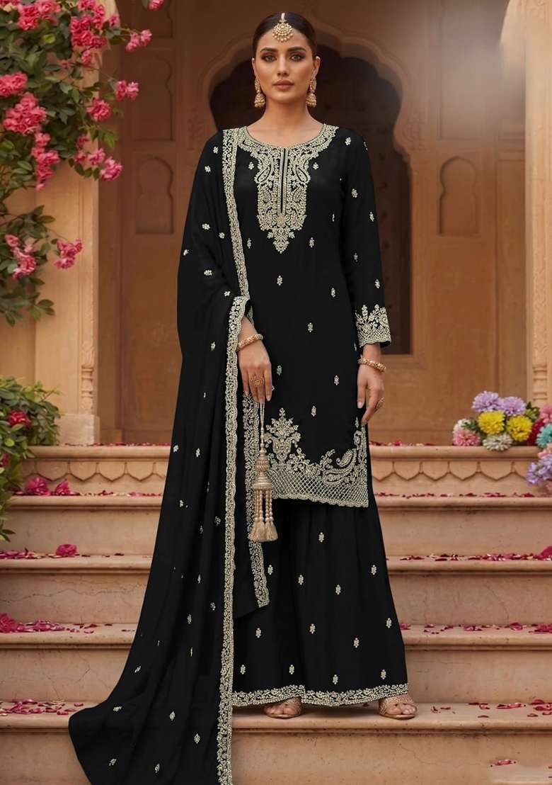 Black Embroidery Georgette Palazzo Set - Indya