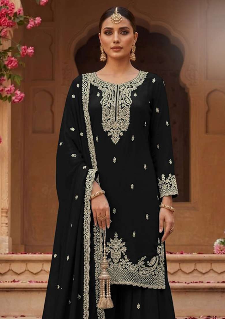 Black Embroidery Georgette Palazzo Set - Indya