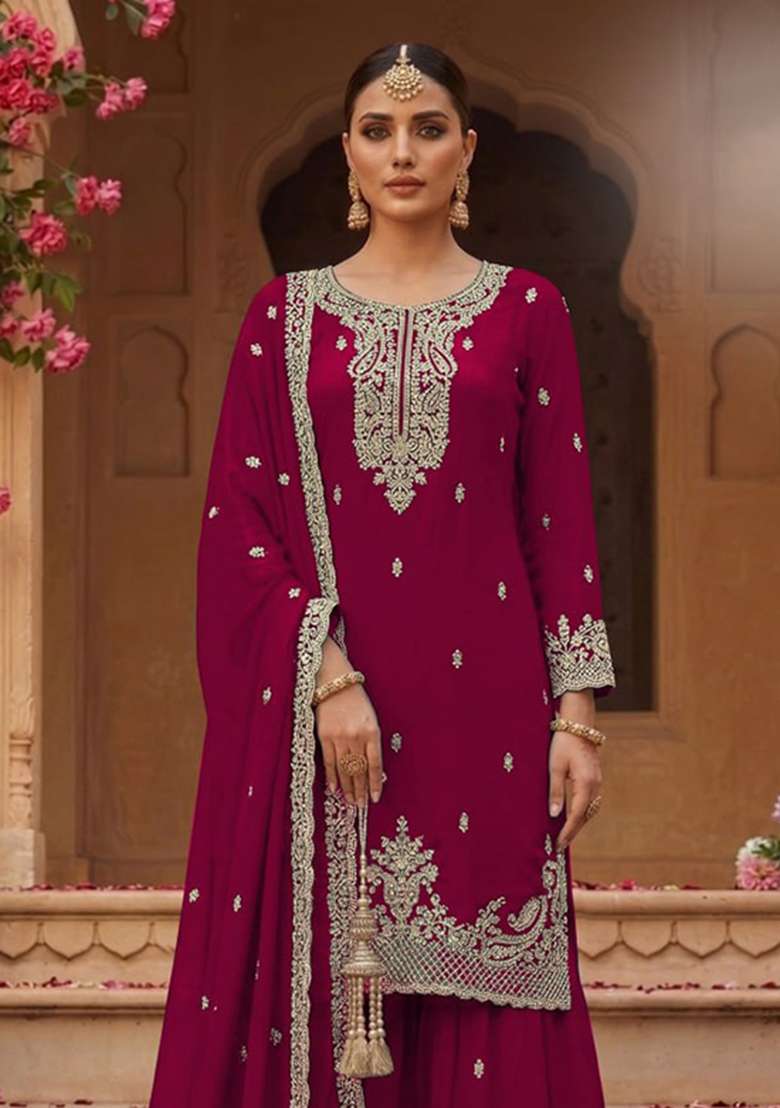 Pink Embroidery Georgette Palazzo Set - Indya