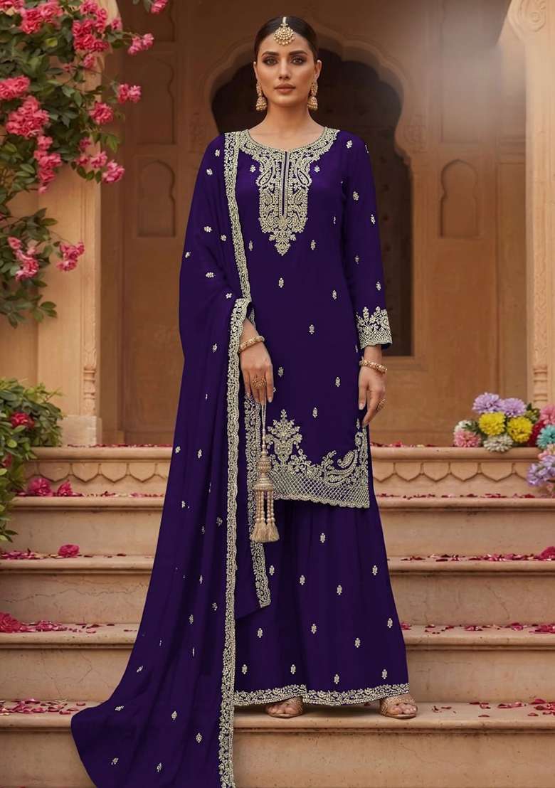Purple Embroidery Georgette Palazzo Set - Indya