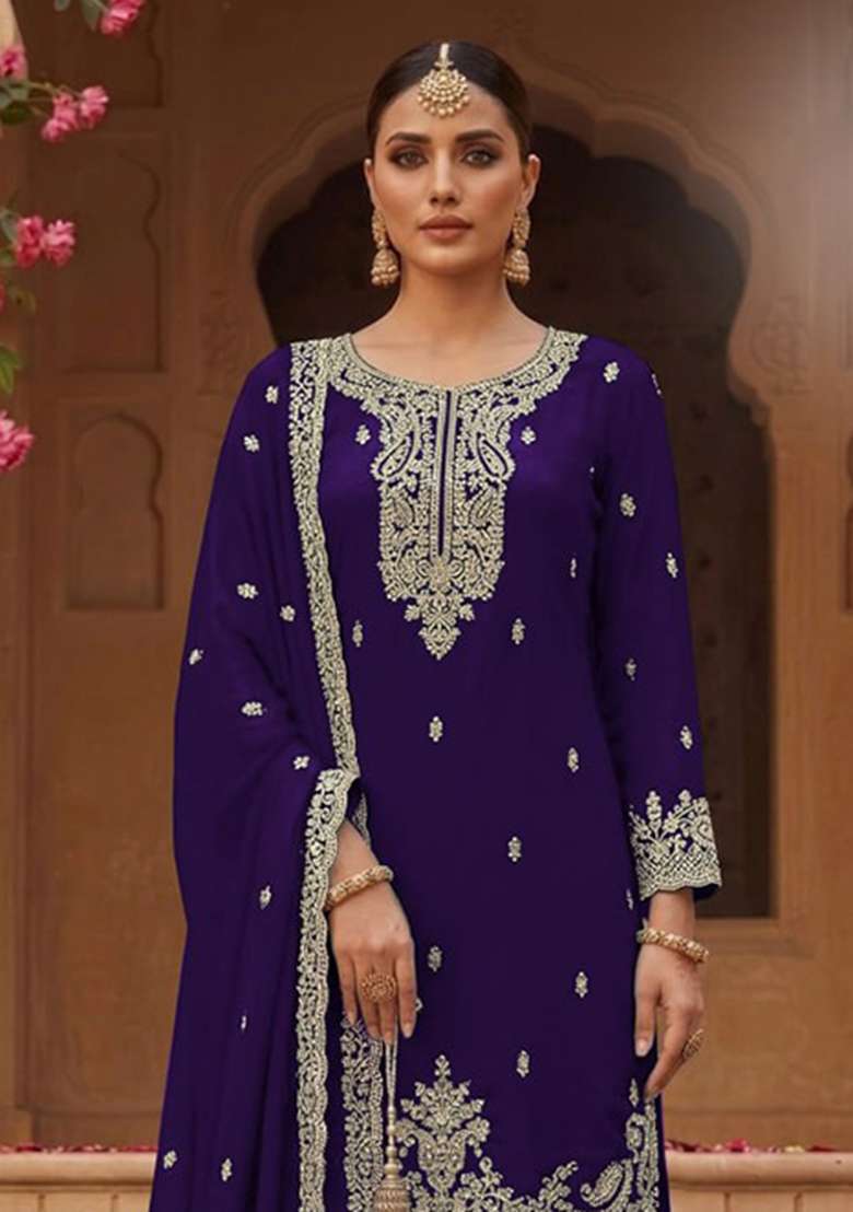 Purple Embroidery Georgette Palazzo Set - Indya