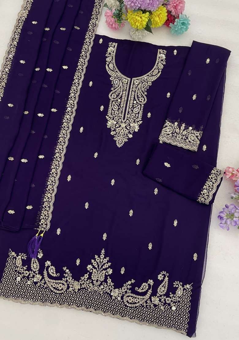 Purple Embroidery Georgette Palazzo Set - Indya