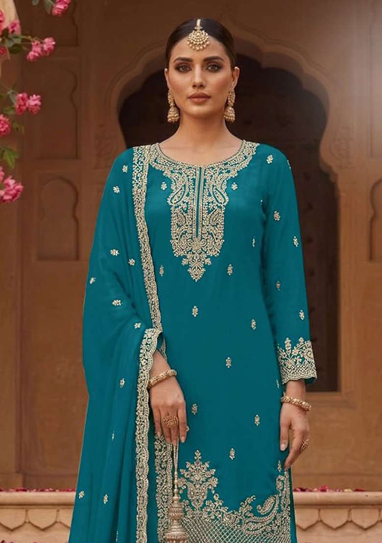 Sky Blue Embroidery Georgette Palazzo Set - Indya