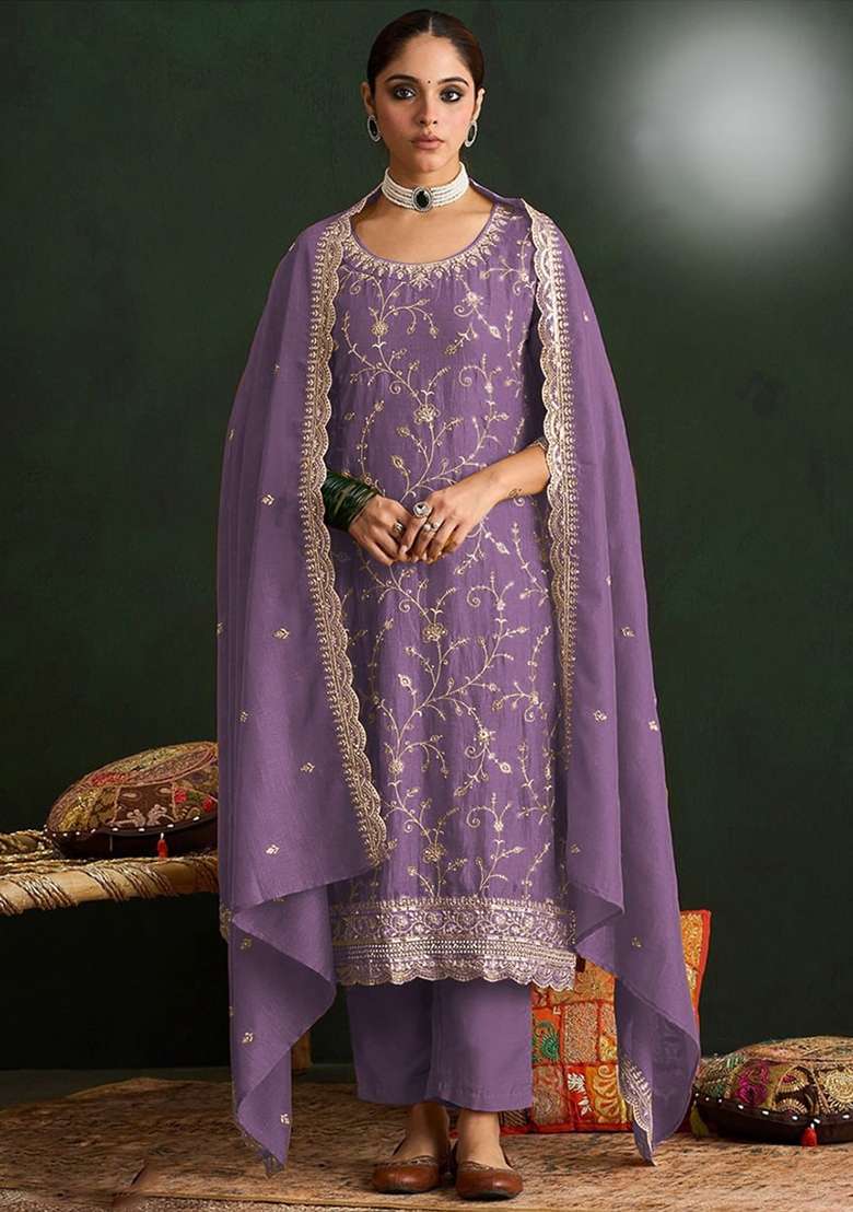 Lavender Embroidery Silk Palazzo Set - Indya