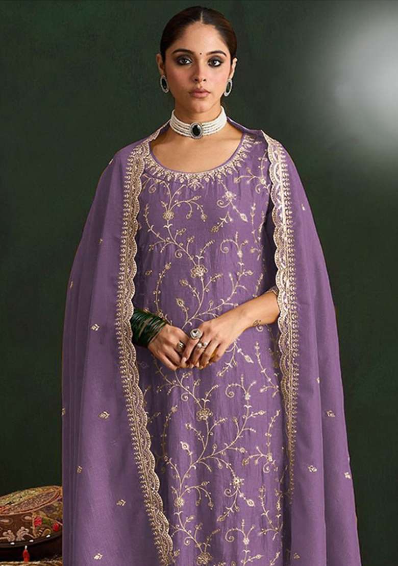 Lavender Embroidery Silk Palazzo Set - Indya