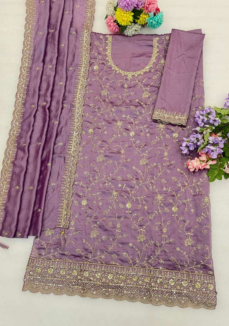 Lavender Embroidery Silk Palazzo Set - Indya