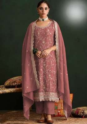 Peach Embroidery Silk Palazzo Set