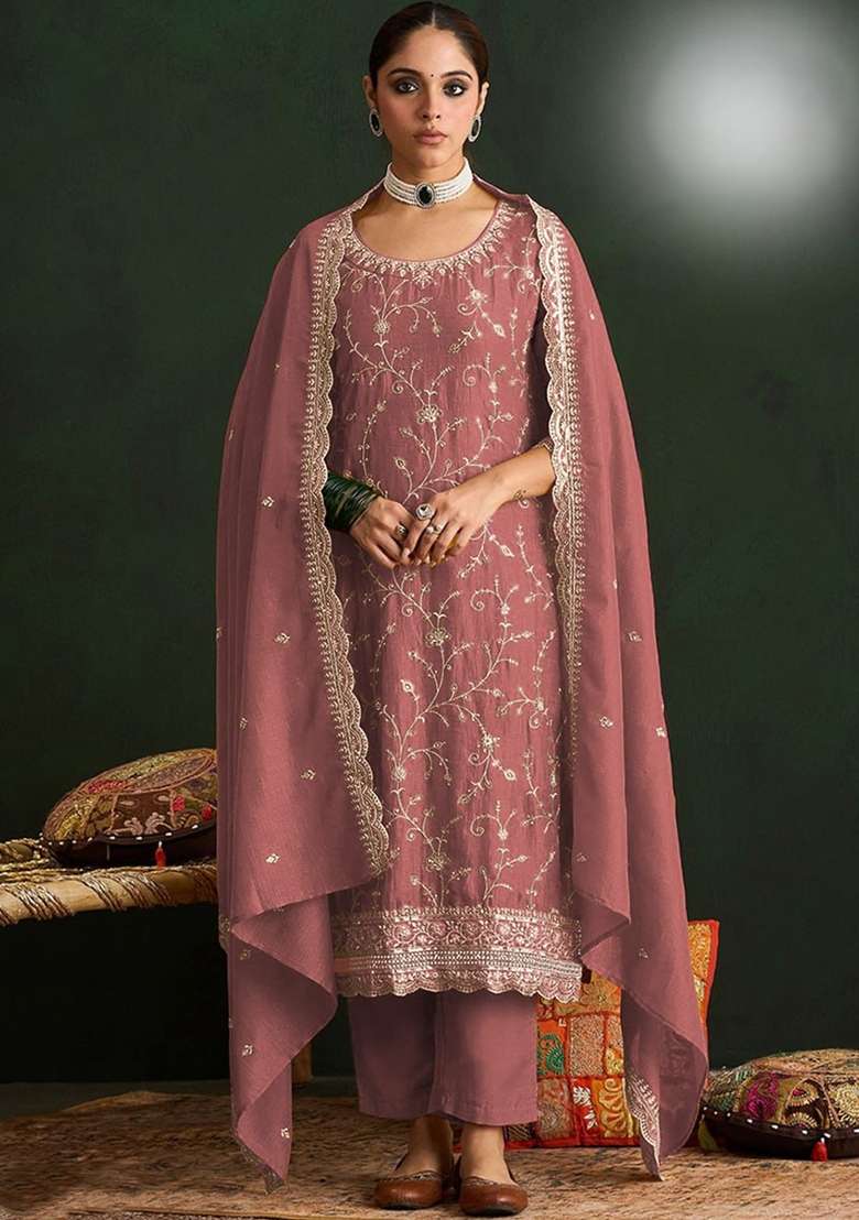 Peach Embroidery Silk Palazzo Set - Indya