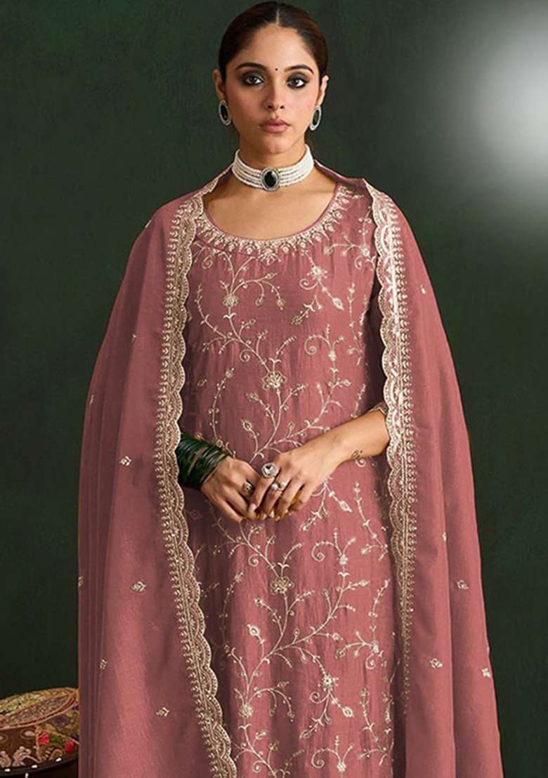 Peach Embroidery Silk Palazzo Set - Indya