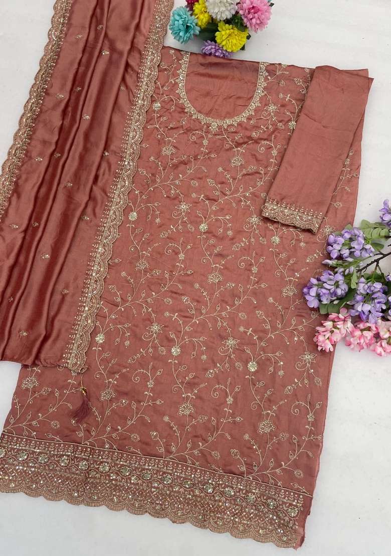 Peach Embroidery Silk Palazzo Set - Indya