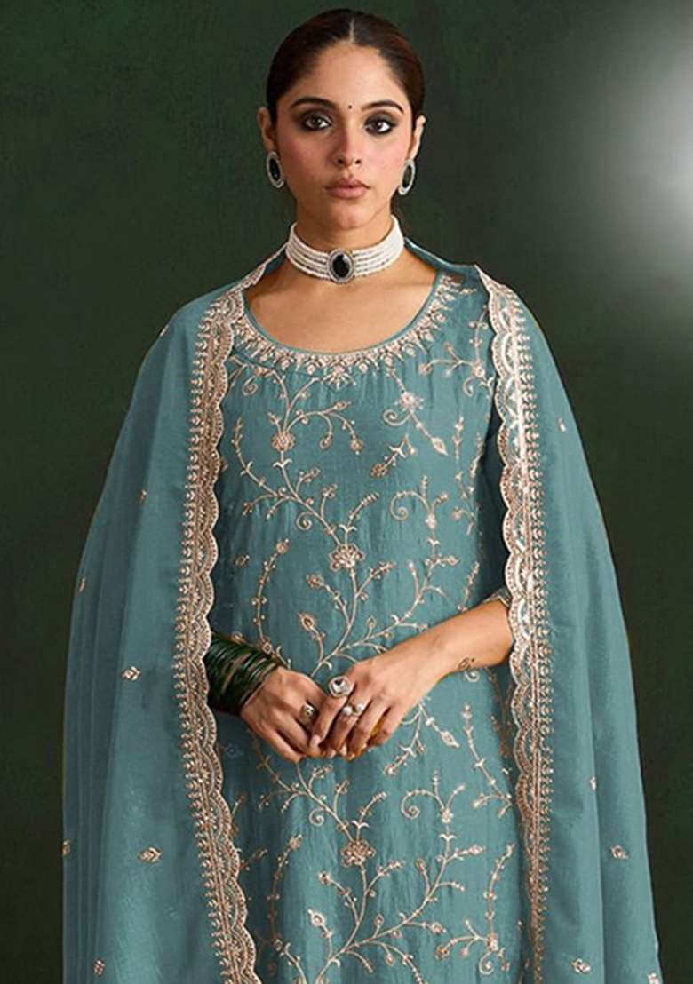 Sky Blue Embroidery Silk Palazzo Set - Indya