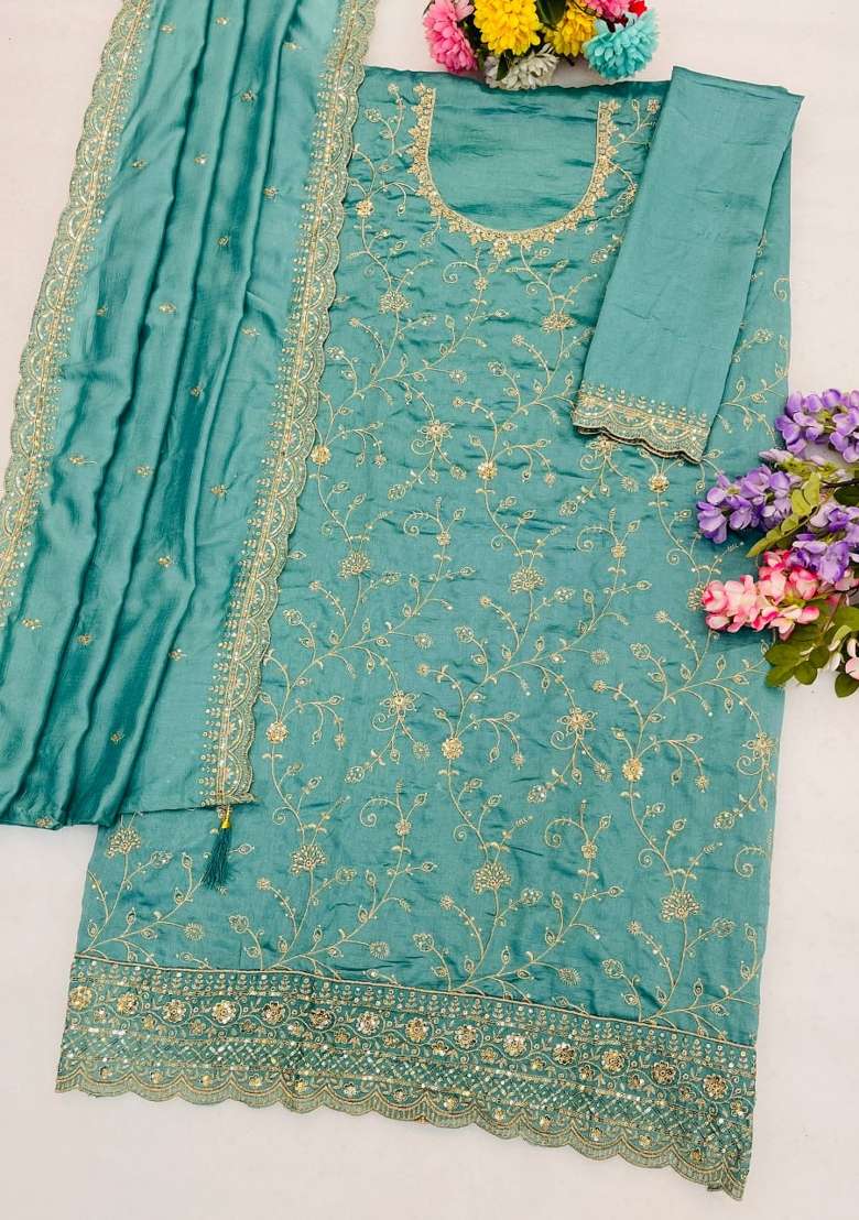 Sky Blue Embroidery Silk Palazzo Set - Indya