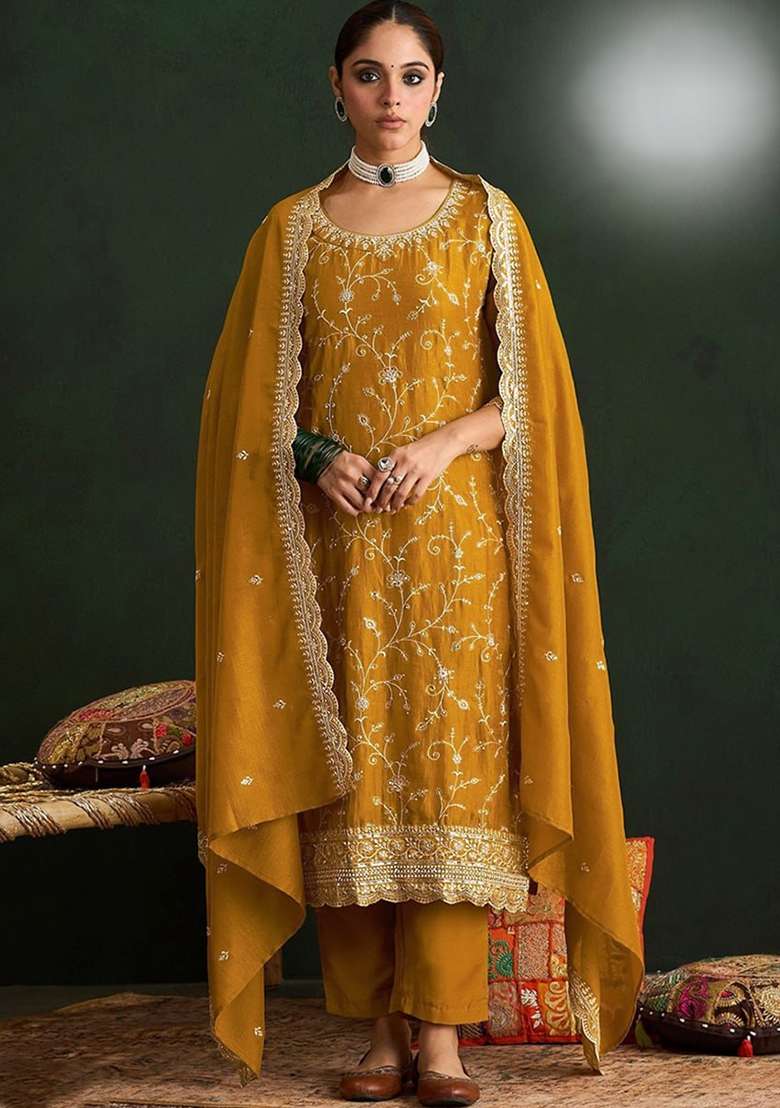 Yellow Embroidery Silk Kurta Set - Indya