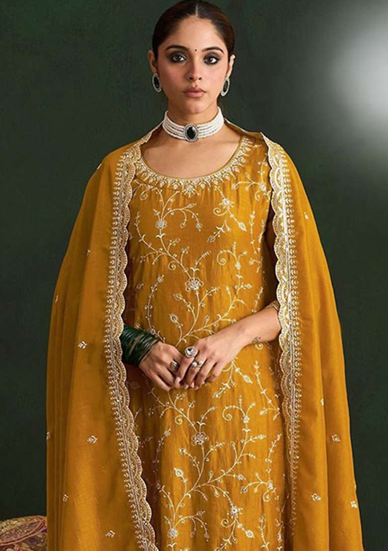 Yellow Embroidery Silk Kurta Set - Indya