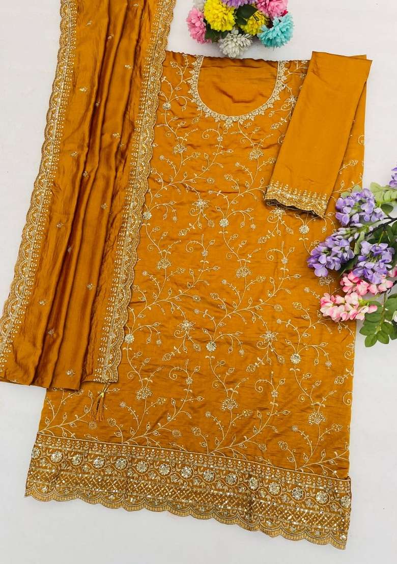 Yellow Embroidery Silk Kurta Set - Indya