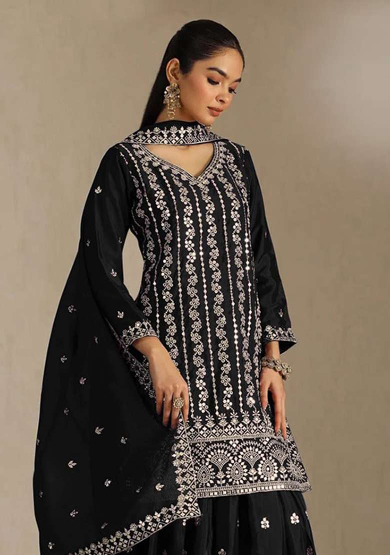 Black Embroidery Silk Palazzo Set - Indya