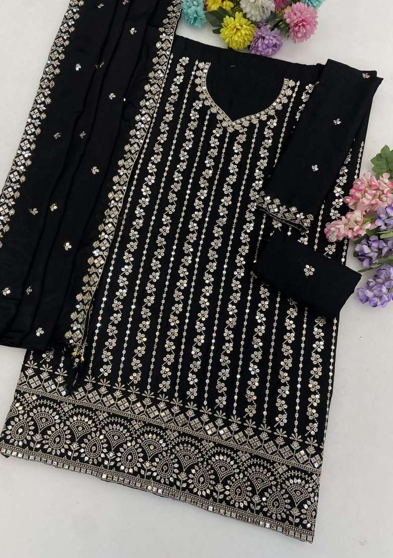 Black Embroidery Silk Palazzo Set - Indya