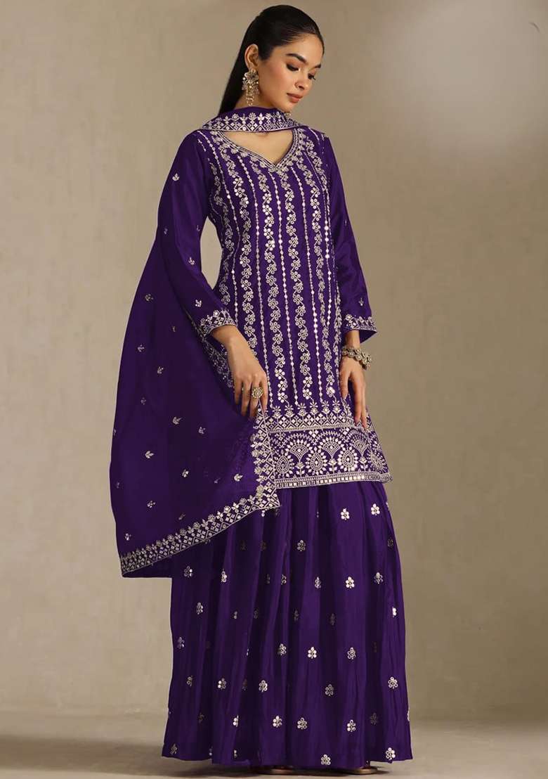Blue Embroidery Silk Palazzo Set - Indya
